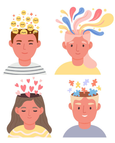 Positive thinking and mental health concept with people portraits. Open heads with happy and creative thoughts, rainbow and hearts. Illustration of positive mental health.