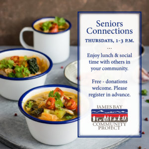 Several white enamel bowls and mugs with dark blue rims, filled with a golden broth and assortment of bright healthy veggies. 